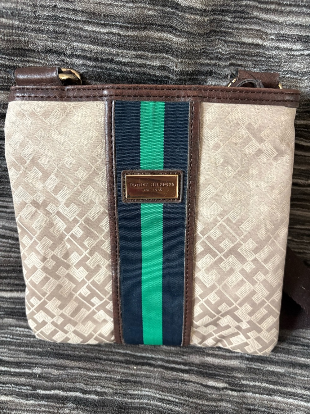 Tommy Hilfiger Y2K Monogram Crossbody with Navy and Green Stripe